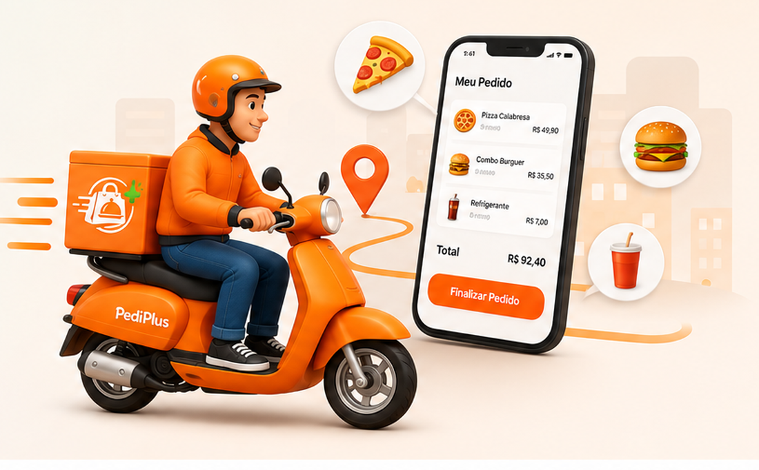 Entregador em motocicleta e pedido digital representando um serviço de delivery ágil